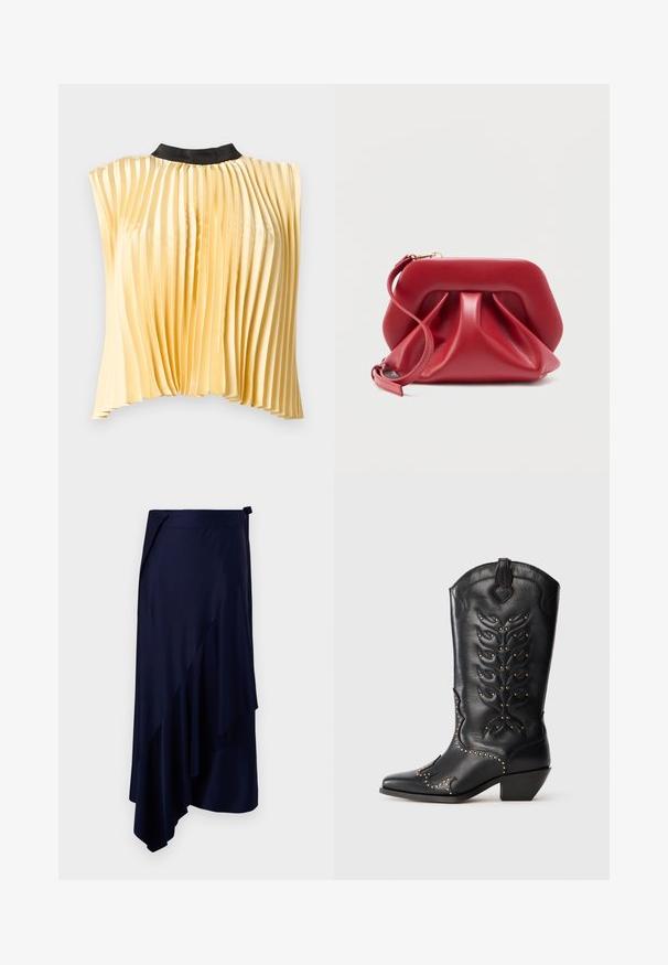 Ärmellose plissierte Satinbluse in blassem Gelb mit hohem rundem schwarzem Kragen, flach auf weißem Hintergrund präsentiert.; Rabanne Bleistiftrock - deep navy; Schwarzer Cowboystiefel aus Leder mit goldfarbenen Nieten, spitzer Spitze, dekorativer Naht und kurzem Blockabsatz. Prägung mit Blattmuster am Schaft.; Rote Leder-Clutch mit strukturiertem Rahmen und gerafftem Design, ausgestattet mit einem abnehmbaren Handgelenkriemen und einem Verschluss in Goldoptik.