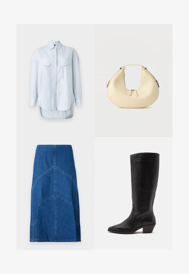Lyseblå stribet skjorte med lange ærmer, der har en klassisk krave og to brystlommer. Sømmen er buet og længere bagpå.; Denim blyantskirt i mørkeblue med lodrette sømdetaljer og en lige silhuet. Har en talje og rå kant.; Sort læderstøvle til midtkalv med spids tå og lavt skråt hæl på en enkel lys baggrund.; Beige håndtaske i halvmåneform med dobbelt lynlåslukning og kort håndtag, udstyret med sølvfarvede hardware-detaljer på siderne.