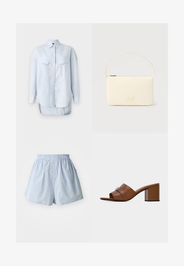 Chemise à rayures bleu clair avec des manches longues, dotée d'un col classique et de deux poches poitrine. L'ourlet est courbé et plus long à l'arrière.; Shorts rayés bleus et blancs en tissu léger, avec une taille élastique et deux boutons à l'avant.; Mule en cuir marron à bout ouvert avec une boucle carrée argentée et un talon bloc moyen et épais sur un fond blanc uni.; Sac à main rectangulaire de couleur crème avec une seule sangle et une fermeture éclair sur le dessus, comportant une petite plaque de logo embossé à l'avant.
