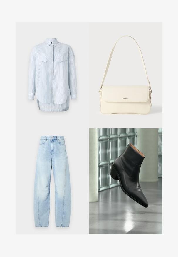 Lichtblauw gestreept overhemd met lange mouwen, met een klassieke kraag en twee borstzakken. De zoom is gebogen en langer aan de achterkant.; Lichtblauwe denim wijde jeans met een hoge taille, voorzien van een knoopsluiting, voorzakken en subtiele vervaging.; Zwarte leren enkellaars met een spitse neus en blokhak die zweeft boven een reflecterende grijze vloer nabij een glazen blokmuur.; Schoudertas van crèmegekleurd leer met een klepafsluiting, zilverkleurige hardware, een enkele verstelbare riem en subtiele logodetails.