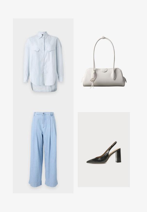 Lyseblå stribet skjorte med lange ærmer, der har en klassisk krave og to brystlommer. Sømmen er buet og længere bagpå.; Lysblå denim bukser med lodrette hvide striber, plisseret front, brede ben og oprullede sømme. Typisk jeansknap og lynlås lukning.; Sort læder kvindesko med slingback, spids tå og tyk blokhøj hæl på hvid baggrund.; Hvid Calvin Klein skuldertaske med lange håndtag, rektangulær form, lynlåslukning og dekorativt logohæng tæt på håndtaget.