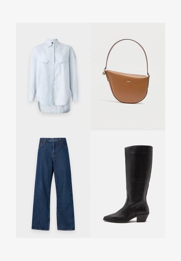 Chemise à rayures bleu clair avec des manches longues, dotée d'un col classique et de deux poches poitrine. L'ourlet est courbé et plus long à l'arrière.; Jean large en denim bleu foncé avec un design classique à cinq poches. Présente des coutures contrastées et une fermeture par bouton à l'avant.; Botte en cuir noire mi-mollet avec un bout pointu et un talon bas incliné sur un fond clair uni.; Sac à main en cuir marron en forme de demi-lune avec une bandoulière unique, logo BOSS doré sur le devant et petit détail de tirette dorée sur le côté.