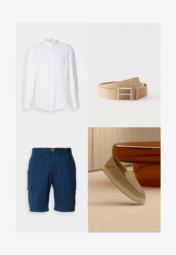 Chemise en lin blanche avec col mandarin, fermeture à boutons à l'avant, manches longues et une texture subtile. Accent orange notable sur le col.; Shorts de travail bleu marine en tissu léger, avec une taille ceinturée, des poches latérales et une texture subtile.; Chaussure beige sans lacets avec tige texturée et semelle tissée, positionnée debout sur un sol recouvert de moquette claire à côté d'une table circulaire marron brillante.; Ceinture en cuir suédé couleur fauve avec boucle rectangulaire argentée et passant en cuir, roulée sur un fond blanc.