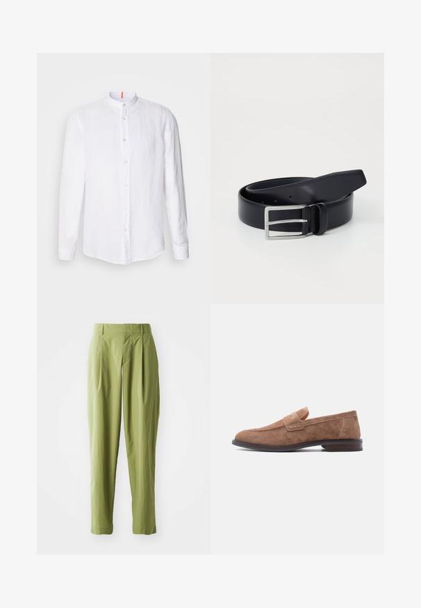 Chemise en lin blanche avec col mandarin, fermeture à boutons à l'avant, manches longues et une texture subtile. Accent orange notable sur le col.; Pantalons vert clair en tissu texturé, présentant une coupe droite, des plis à l'avant et une taille standard.; Mocassin pour homme en daim marron clair avec petit talon et détail de sangle penny, présenté en profil latéral sur fond blanc.; Ceinture en cuir bleu marine avec une boucle en métal argenté, présentant une texture lisse et plusieurs trous pour l'ajustement. Les extrémités se terminent en pointe arrondie.
