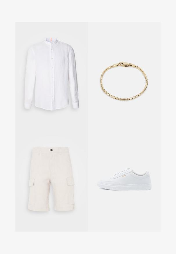 Hvid linnedskjorte med mandarin-krave, frontknaplukning, lange ærmer og en subtil tekstur. Markant orange accent på kraven.; Beige cargo shorts lavet af letvægtsstof, med to sidelommer og en foldet nederkant. Knaplukning i taljen.; Hvide lædersneakers med glat tekstur, rund tå og ton-i-ton syning. Har blå snørebånd og et gult logo på siden.; Guldbelagt metalarmbånd med kæde-design, der har rektangulære led og lås, glat overflade og poleret finish.