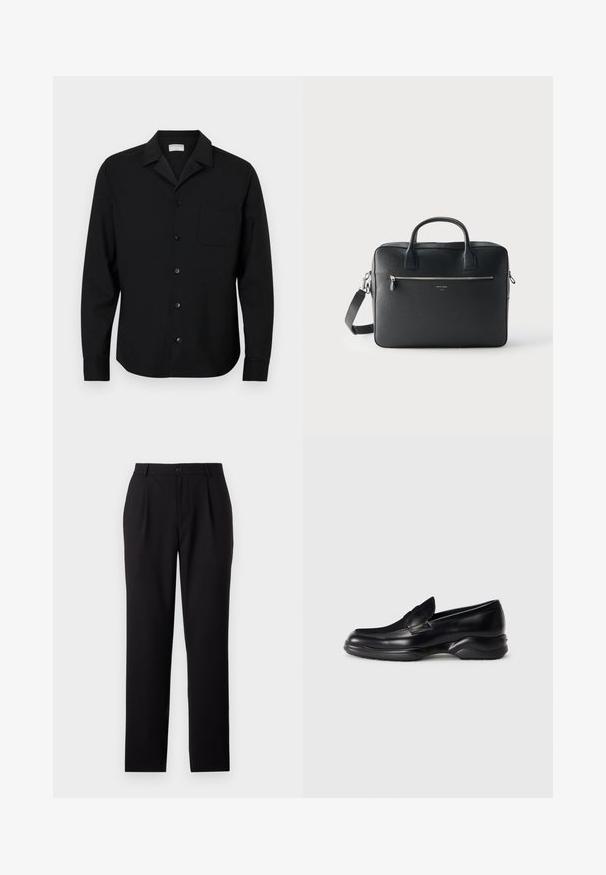 Camisa negra de botones fabricada con una tela de textura suave, que presenta un cuello puntiagudo, un bolsillo en el frente y puños estándar.; Pantalones de vestir negros con un diseño de pierna recta, fabricados en un tejido suave. Presentan pliegues frontales y un cierre de botón en la cintura.; Mocasines de piel negra con una suela de goma texturizada y baja, y un diseño de costura en la parte superior. Presenta una punta redondeada y mínimas ornamentaciones.; Maletín rectangular de cuero negro con asas dobles, bolsillo delantero con cremallera y correa de hombro desmontable sobre un fondo claro y liso.