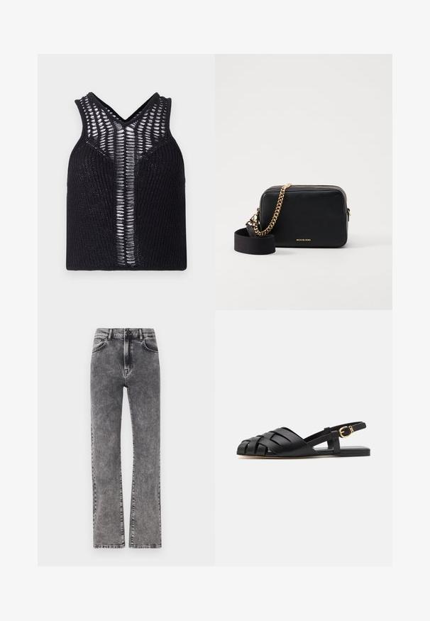 Top de punto negro sin mangas con escote en V, que presenta paneles transparentes a rayas en la parte delantera. Textura acanalada con ajuste ceñido.; Jeans de denim gris de talle alto con un diseño de pierna recta, que presentan un ligero efecto de desgaste y un estilo de cinco bolsillos estándar.; Sandalias negras de piel con tiras traseras y diseño trenzado en la punta, suela plana y detalle de hebilla en tono dorado en la correa ajustable.; Bolso bandolera de cuero negro con acentos de cadena dorada, cierre de cremallera y una correa de tela desmontable. Logo de Michael Kors en la parte frontal.