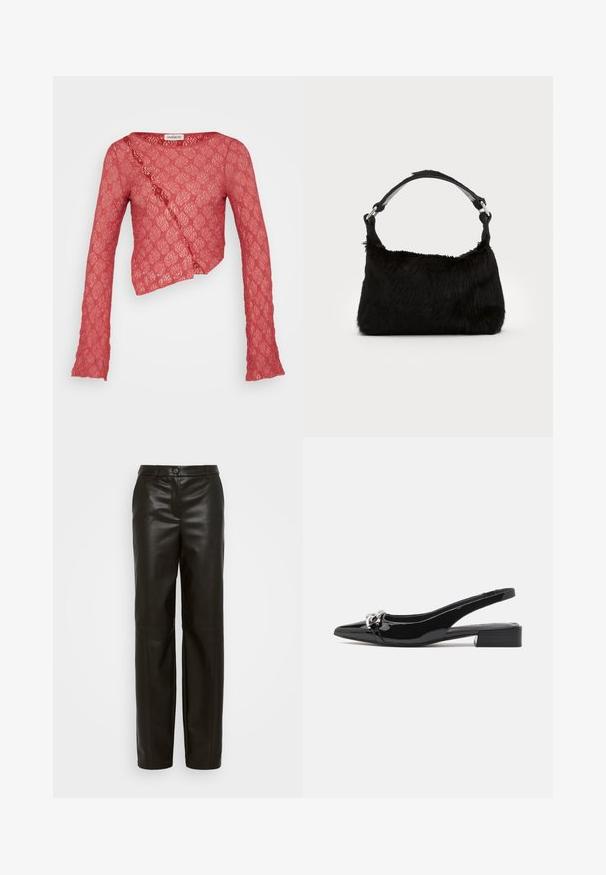 Rode kant cropped top met lange mouwen, voorzien van een wikkeldesign en een getextureerd bloemenpatroon. De stof is doorschijnend en delicaat.; ONLY Tall ONLCARLA - Broek - black; Zwarte slingback schoen van lakleer met een spits toelopende neus, lage blokhak en zilverkleurige hardware aan de voorkant.; Zwarte neplederen handtas met een zachte textuur, ronde vorm en een stevige zwartleren schouderband. Zilveren hardwareaccenten zichtbaar.