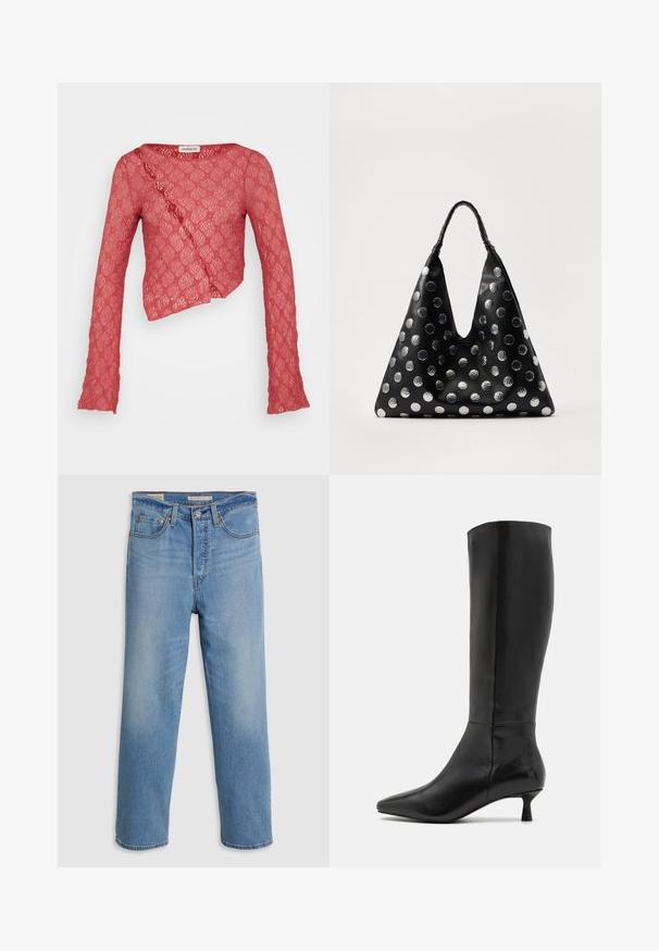 Roter Spitzen-Cropped-Top mit langen Ärmeln, das ein Wickeldesign und ein strukturiertes Blumenmuster aufweist. Der Stoff ist durchsichtig und zart.; Hellblaue gerade geschnittene Jeans aus Denim mit Fronttaschen, Gürtelschlaufen und einem Knopfverschluss auf einem schlichten Hintergrund.; Zign Stiefel - black; Schwarze Ledertasche mit dreieckiger Form, ausgestattet mit silbernen metallischen Punkten und einem strukturierten Griff. Insgesamt glatte Oberfläche.