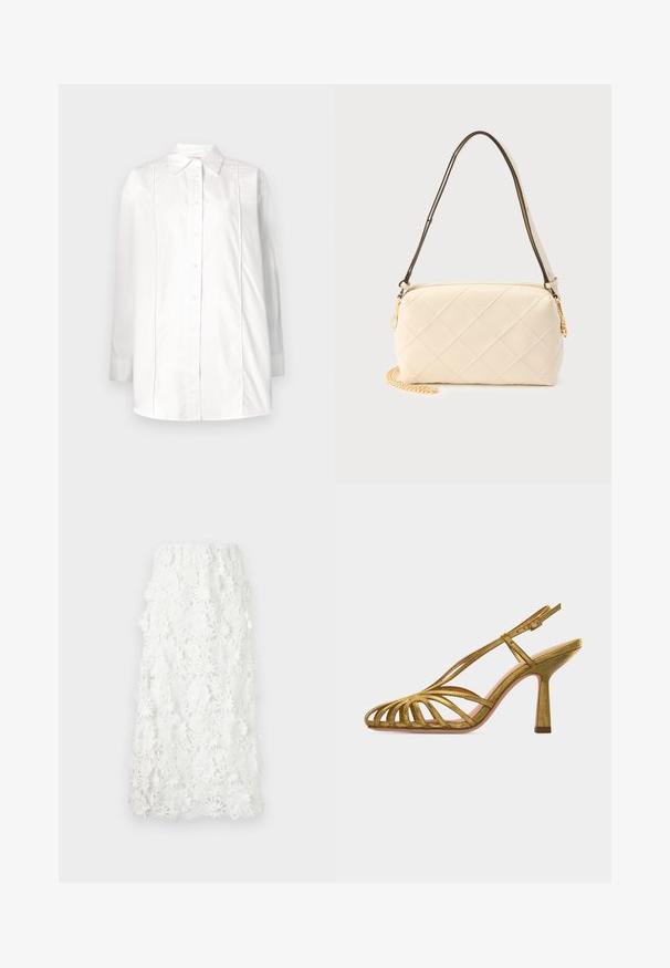 Chemise blanche à manches longues en coton, avec un col classique, une fermeture à boutons sur le devant et des détails de pintucks verticaux sur le buste.; Jupe blanche longue jusqu'à la cheville en dentelle florale complexe avec un ourlet festonné. Taille élastique pour un ajustement décontracté. Motif texturé et délicat.; Sandale à talon haut dorée avec brides, bout ouvert, bride de cheville ajustable et talon effilé de hauteur moyenne, vue de côté sur fond blanc.; Sac d'épaule matelassé crème avec une bandoulière noire courbée et un détail de chaîne en or sur un fond clair.