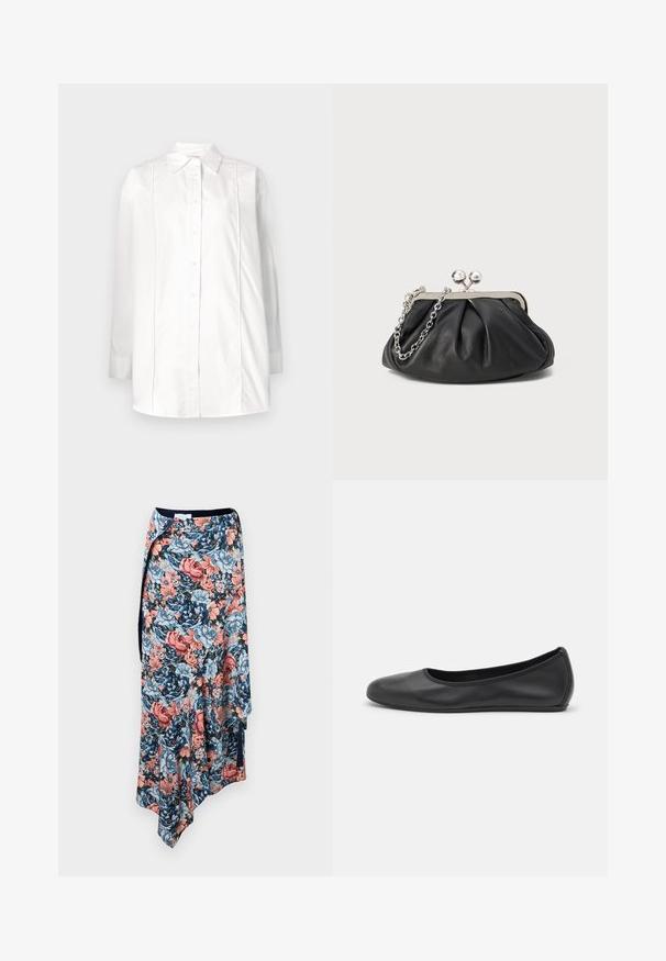 Biela dlhá košeľa s dlhými rukávmi z bavlny, s klasickým golierom, zapínaním na gombíky a vertikálnymi prešívanými detailmi na tele.; Rabanne Puzdrová sukňa - english tapestry/pink/blue/green; Čierne kožené baleríny s okrúhlou špičkou, hladkým povrchom, minimálnym prešívaním a flexibilným dizajnom podrážky.; Čierna kožená kabelka s vrúbkovou textúrou, strieborným kovovým rámom, uzáverom na pobozkanie a retiazkou na nosenie. Hladký, jemný povrch.
