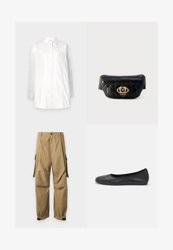 Chemise blanche à manches longues en coton, avec un col classique, une fermeture à boutons sur le devant et des détails de pintucks verticaux sur le buste.; Pantalons cargo kaki en tissu léger, avec des poches cargo latérales, une fermeture à bouton et des poignets élastiques aux chevilles.; Ballerines en cuir noir avec un bout rond, texture lisse, détails de couture minimalistes et design de semelle flexible.; Sac banane en cuir matelassé noir avec plaque logo Love Moschino dorée et poche zippée à l'avant sur fond blanc.
