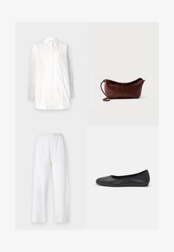 Chemise blanche à manches longues en coton, avec un col classique, une fermeture à boutons sur le devant et des détails de pintucks verticaux sur le buste.; Pantalons blancs amples avec une taille élastique, fabriqués en tissu texturé. Design à jambe droite avec des ourlets simples.; Ballerines en cuir noir avec un bout rond, texture lisse, détails de couture minimalistes et design de semelle flexible.; Sac à main en cuir tressé marron avec une bandoulière unique et un dessus incurvé sur fond blanc uni.