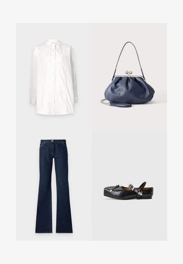 Chemise blanche à manches longues en coton, avec un col classique, une fermeture à boutons sur le devant et des détails de pintucks verticaux sur le buste.; Jean flare bleu foncé en denim, dotés d'un design à cinq poches, de passants de ceinture et de coutures jaunes contrastées le long des coutures.; Chaussure plate en cuir noir avec bout carré, deux brides à boucle argentée, et un petit talon sur un fond gris clair.; Sac à main en cuir bleu marine doux avec fermeture à boucle argentée, une seule bandoulière, et une chaîne de poignet amovible sur fond blanc.