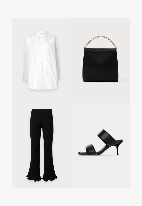 Chemise blanche à manches longues en coton, avec un col classique, une fermeture à boutons sur le devant et des détails de pintucks verticaux sur le buste.; Rabanne Pantalon classique - black; Sandale mule en cuir noir avec deux larges brides et un talon stiletto fin de hauteur moyenne sur un fond clair uni.; Sac noir en tissu lisse, présentant une forme structurée, une poignée en chaîne dorée et un design géométrique minimaliste.