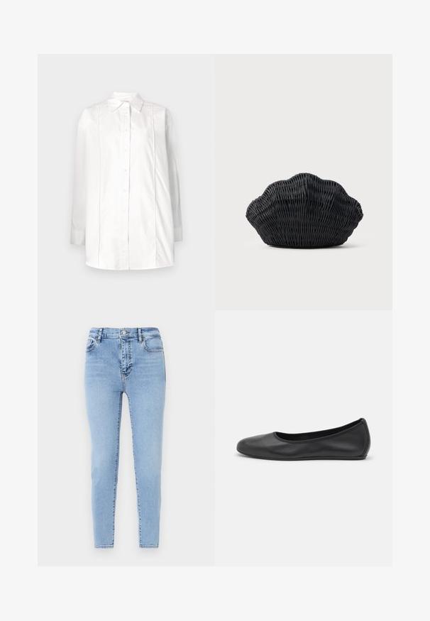 Weißes Langarmhemd aus Baumwolle mit klassischem Kragen, Knopfverschluss vorne und vertikalen Paspelierungen im Oberteil.; Helle blaue, hochtaillierte Jeans mit schmalem Schnitt. Aus Denim mit feiner Textur gefertigt, mit einem Knopfverschluss vorne und Gesäßtaschen.; Schwarze Leder-Ballettschuhe mit abgerundeter Spitze, glatter Textur, minimalen Nähdetails und einem flexiblen Sohlen-Design.; Schwarze Korbtasche in Muschelform mit gebogenem Oberteil und gewebter Textur auf einfarbigem Hintergrund.