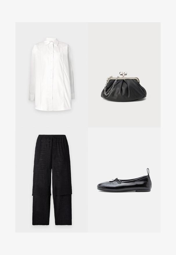 Witte longsleeve shirt van katoen met een klassieke kraag, sluiting met knopen aan de voorkant en verticale pintuck-details op het lijfje.; Henrik Vibskov SHANTS PANTS - Broek - black; Zwarte gepoetste leren balletschoenen met een ronde neus, een klein strikje en een gladde textuur; heeft een lage platte zool en een lusje aan de hiel.; Zwarte leren clutch met geplooide textuur, zilverkleurig metalen frame, drukknopsluiting en kettingriem. Glad, zacht oppervlak.