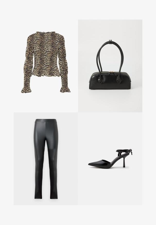 Blouse en motif léopard avec de longues manches bouffantes, texture smockée, col à volants et poignets évasés. Couleurs principalement beige et noir.; Leggings noirs en matériau lisse et brillant, dotés d'une taille haute et d'une coupe ajustée. Aucune couture ni embellissement visibles.; Chaussure à talon haut en cuir verni noir avec bout pointu et bride de cheville nouée à l'arrière, présentée sur un fond blanc uni.; Sac à main en cuir noir avec deux anses allongées, fermeture éclair et forme arrondie ; texture lisse avec une finition légèrement brillante.