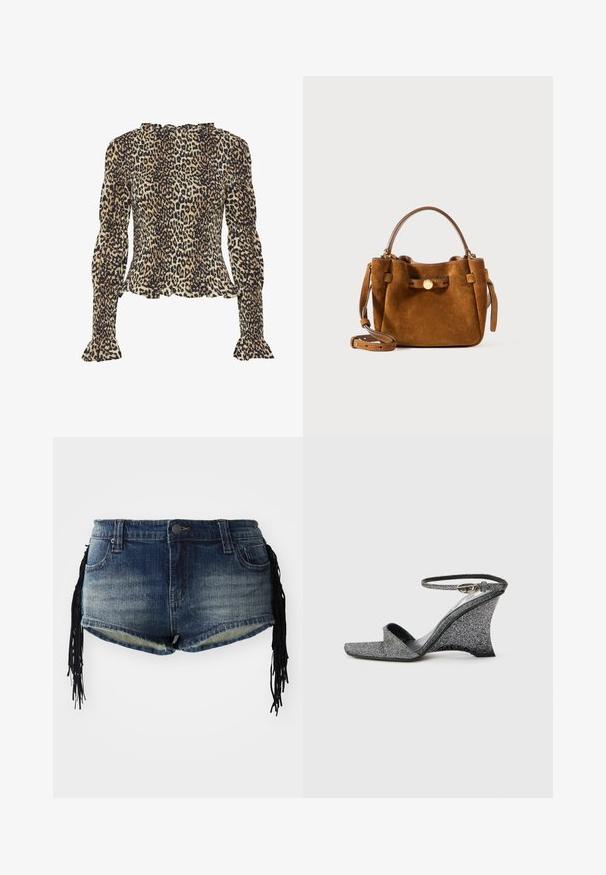 Bluse med leopardmønster, lange, puffede ærmer, smocket tekstur, flæser ved halsudskæringen og udvidede manchetter. Primært i brune og sorte farver.; Denim shorts i gradient blå vask med frynset kant og sorte frynsedekorationer på siderne, med forlommer og et liv. ; Sølvsandaler med glimmer, kilehæl, åben tå, ankelrem og guldlås, vist fra siden på en ensfarvet lys baggrund.; Brun ruskind taske med en rund form, korte håndtag og en aftagelig strop. Udsmykket med en guldfarvet knap og firkantede lapper.