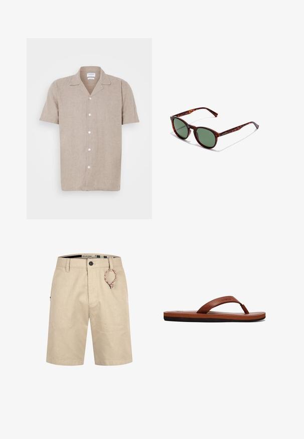 Camisa de lino de manga corta en color beige claro con cuello con muesca y botones blancos en la parte delantera, que presenta una tela suave y texturizada.; Pantalones cortos beige hasta la rodilla con botón y cremallera delanteros, trabillas para cinturón y un lazo trenzado rojo, blanco y azul pegado cerca de la cintura.; Chancla de cuero marrón con una tira texturizada, plantilla acolchada y suela de goma negra. Vista lateral que resalta su diseño delgado.; Gafas de sol de carey marrón con montura redondeada, lentes verdes y brazos de patilla con patrón. Presenta el logo de la marca en un brazo.