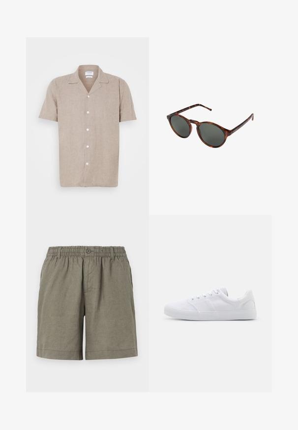 Chemise en lin à manches courtes de couleur beige clair avec un col en V et des boutons blancs sur le devant, présentant un tissu doux et texturé.; Shorts khaki en tissu léger avec une taille élastique et une fermeture à boutons. Ils présentent un design à jambe droite et un ourlet roulé.; Baskets en toile blanches avec une semelle en caoutchouc, dotées de six œillets, d'un embout texturé et d'un design minimaliste.; Komono DEVON - Lunettes de soleil - brown