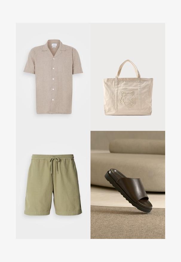 Korte mouwen linnen shirt in lichtbeige met een ingezette kraag en witte knopen aan de voorkant, met een gladde, gestructureerde stof.; Olijfgroene shorts, gemaakt van katoen, met een elastische tailleband en trekkoord, voorzien van zijzakken en een rechte snit. Soepele textuur.; Donkerbruine leren slidesandaal met dikke zool op een beige tapijt voor een gebogen beige bank.; Beige canvas tas met dubbele handvatten en een reliëf ontwerp van een wolfskop op het voorvak.