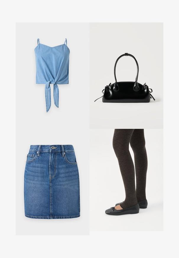 Lys blå denim crop top med tynde justerbare stropper, en tvistet frontknude-detalje og en glat overflade.; Denim nederdel i blå, lige skæring med taljebånd, forlommer og en falmet finish. Har kontrast syninger og lynlås til åbning.; Ben iført mørke ribbede leggings kombineret med sorte balletsko med små sløjfedetaljer på hvid baggrund.; Lille sort blank håndtaske med to lange håndtag og snøre-detaljer i siden på en ensfarvet lys baggrund.