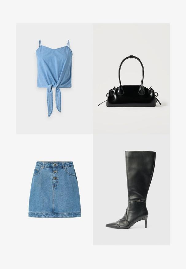 Lichtblauw denim crop top met dunne verstelbare bandjes, een gedraaid voorknoopdetail en een gladde textuur.; Leren spijkerrok in lichtblauw, met een rechte snit, een voorste knoopsluiting met metallic accenten, twee zijzakken en gestikte zoom.; Zwarte leren kniehoge laarzen met een slanke hak, puntige neus en banddetail bij de enkel. Gladde textuur en aansluitend ontwerp.; Kleine zwarte glanzende handtas met twee lange hengsels en zijkant trekkoord details op een effen lichte achtergrond.