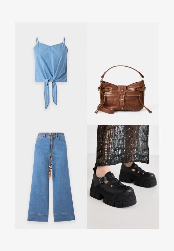 Lys blå denim crop top med tynde justerbare stropper, en tvistet frontknude-detalje og en glat overflade.; Lyseblå denimbukser med vid ben og en flettet brun snor i taljen, der har dekorative perler og et traditionelt fem-lomme-design.; Sorte platform sandaler med et chunky design, der har brede stropper og en sidelås. Fremstillet af tekstureret gummi med et logodetalje.; Brun læderhåndtaske med en rund form, to frontlommer med lynlås og en aftagelig skulderrem. Udstyret med hardware og syninger i sølvfarve.