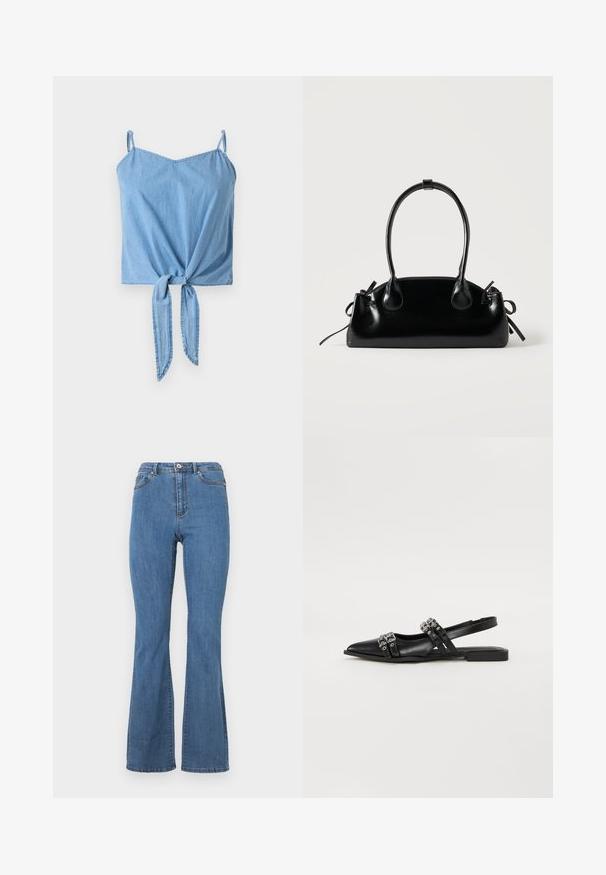 Heled sinine denimist crop top õhukeste reguleeritavate rihmadega, keeratud esiknoti detailiga ja siledast tekstuurist.; Sinise flared teksad, millel on kõrge talje, kontrastõmblused ja üks nupp ees.; Even&Odd Kannarihmaga baleriinad - black; Väike must läikiv käekott kahe pika sangaga ja külgedel paelakinnitustega, ühel lihtsal helel taustal.