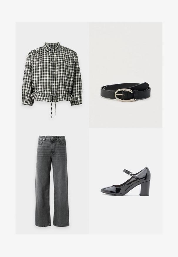 Sort og cremefarvet ternet bluse med krave, knaplukning og elastisk talje med snøre. Lange ærmer med manchetter.; Løse sorte denimjeans med en let falmet finish, der har fem lommer og en knaplukning. Kontrastsyning i designet fremhæver stilen.; Sorte patenterede læder højhælede sko med rund tå, ankelrem og blok hæl. Skinnende overflade med en glat tekstur.; Sort læderbælte med sølvfarvet ovalt spænde, rullet sammen på en lysegrå baggrund.