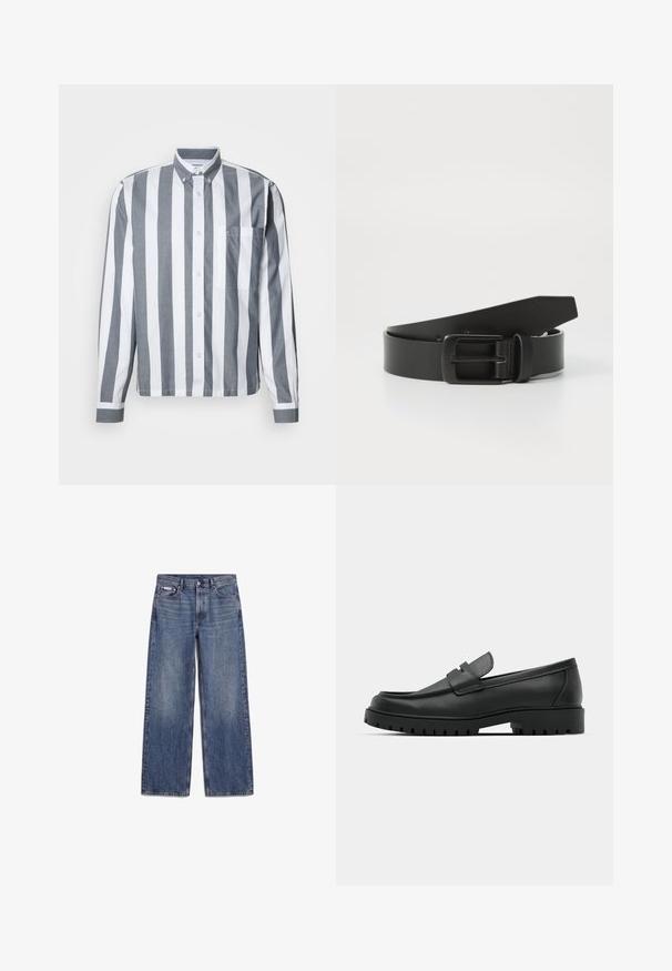 Chemise boutonnée avec rayures verticales grises et blanches, manches longues, poche poitrine et col classique. Fabriquée en tissu léger.; Jean en denim bleu coupe droite avec poches avant, passants de ceinture et fermeture par boutons, posé à plat sur fond blanc.; Mocassins en cuir noir à bout arrondi, avec un design cousu, une semelle plateforme basse et une semelle en caoutchouc texturée et crantée.; Ceinture en cuir noir avec une boucle en métal noir mat, présentant une texture lisse et un design simple. Longueur réglable avec une extrémité effilée.
