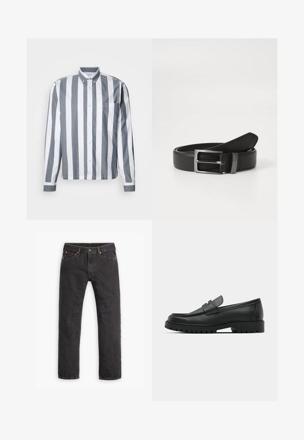 Overhemd met knopen, voorzien van verticale grijze en witte strepen, lange mouwen, een borstzakje en een klassieke kraag. Gemaakt van een lichtgewicht stof.; Zwarte denim jeans met rechte pijpen, vijf zakken, knoopsluiting en koperen klinknagels, plat gelegd op een witte achtergrond.; Zwarte leren instappers met een ronde neus, voorzien van een gestikt ontwerp, een lage platformzool en een gestructureerde, grof rubberen buitenzool.; Zwarte leren riem met een zilveren metalen gesp, met een gladde afwerking en een klassiek ontwerp. De riem is netjes opgevouwen.