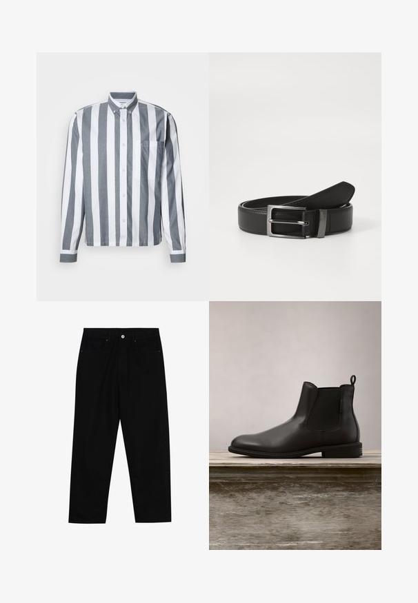 Skjorte med knapper og lodrette grå og hvide striber, lange ærmer, en brystlomme og en klassisk krave. Fremstillet af et letvægtsstof.; Sorte denim bukser med lige ben, der har to forlommer, en knaplukning foran og subtile syningsdetaljer.; Sorte læder ankelstøvler med glat tekstur, rund tå, elastiske sidepaneler og en trækflap, placeret på en træoverflade.; Sort læderbælte med en sølvmetal spænde, der har en glat overflade og et klassisk design. Bæltet er pænt foldet.