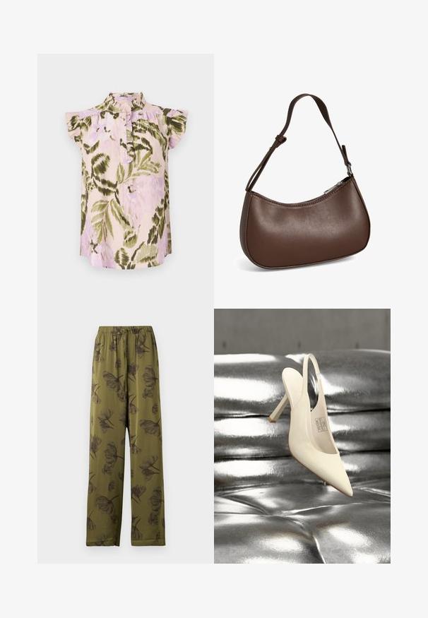Bloemmotief blouse met hoge kraag, korte geplooide mouwen en een knoopsluiting. Kleuren zijn lichtroze, groen en lavendel.; Olijfgroene wijde broek met elastische tailleband en zwart bloemenprint.; Witte slingback pump met spits uiteinde, tentoongesteld tegen een glanzende zilveren kussenachtergrond.; Kleine bruine leren schoudertas met verstelbare band en ritssluiting, getoond tegen een witte achtergrond. Geen zichtbaar merk of versieringen.