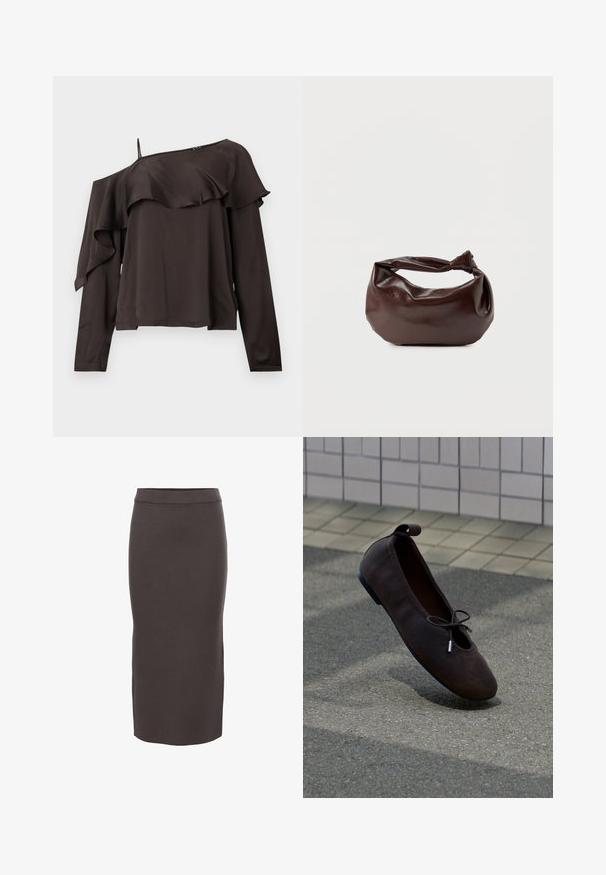 Blouse à épaules nues et à manches longues en tissu brun foncé avec un design froncé le long de l'ourlet, dotée d'une fine bretelle sur un côté.; Jupe midi extensible marron foncé avec une texture lisse et une taille côtelée. Coupe droite atteignant sous le genou, sans poches ni embellissements.; Ballerine en daim marron foncé avec semelle noire et petit nœud, posée sur un sol pavé près d’un mur carrelé.; Sac bandoulière en cuir marron foncé avec une forme souple et décontractée et une anse nouée torsadée sur un fond blanc uni.