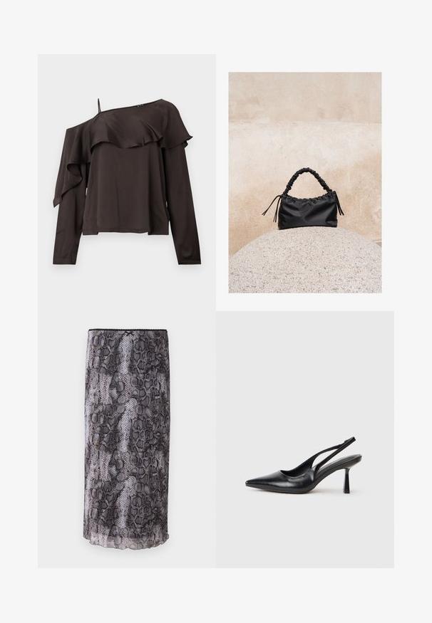 Off-the-shoulder blouse met lange mouwen in donkerbruin stof, met een rucheontwerp langs de zoom, en voorzien van een enkele dunne schouderband aan één kant.; Zwart en grijs slangenprint pencil skirt met een sheer, textuurstof. Kenmerkt zich door een scalloped zoom en details aan de bovenrand.; Zwarte leren slingback hoge hak schoenen met puntige neus en slanke hak op een witte achtergrond.; Zwarte gerimpelde handtas met een samengevoegde handvat, rustend op een gestructureerde stenen bol tegen een beige betonnen muur.