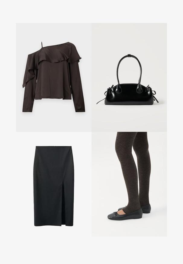 Blouse à épaules nues et à manches longues en tissu brun foncé avec un design froncé le long de l'ourlet, dotée d'une fine bretelle sur un côté.; Jupe crayon noire longueur genou avec une fente centrale à l'avant, en tissu lisse, conçue pour une silhouette ajustée.; Jambes portant des leggings côtelés foncés associés à des ballerines noires avec de petits détails en nœud sur fond blanc.; Petit sac à main noir brillant avec deux longues anses et des détails à cordon sur les côtés sur un fond clair uni.