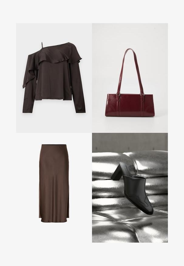 Off-the-shoulder blouse met lange mouwen in donkerbruin stof, met een rucheontwerp langs de zoom, en voorzien van een enkele dunne schouderband aan één kant.; Bruine satijnen rok met een rechte pasvorm, voorzien van zijsplitten voor een gemakkelijke bewegingsvrijheid en een gladde textuur in de stof.; Zwarte leren mule met blokhak, rustend op een glanzend zilveren gestoffeerde oppervlakte, die het strakke ontwerp en de afgeronde details benadrukt.; Bourgondische handtas van glanzend materiaal, rechthoekige vorm, met twee schouderbanden en subtiele gebogen accenten aan de voorkant.
