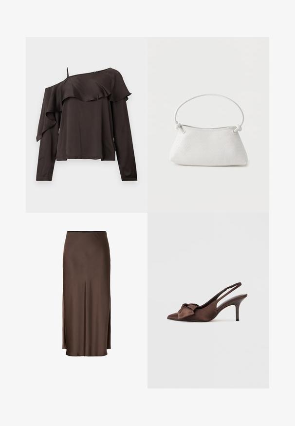 Off-the-shoulder blouse met lange mouwen in donkerbruin stof, met een rucheontwerp langs de zoom, en voorzien van een enkele dunne schouderband aan één kant.; Bruine satijnen rok met een rechte pasvorm, voorzien van zijsplitten voor een gemakkelijke bewegingsvrijheid en een gladde textuur in de stof.; Bruine satijnen slingback hoge hak schoen met puntige neus en strikdetail aan de voorkant. Heeft een slank silhouet en een dunne hak.; Witte handtas van gevlochten leer met een afgeronde handgreep en uiteinden van de band die geknoopt zijn, afgebeeld tegen een effen achtergrond.
