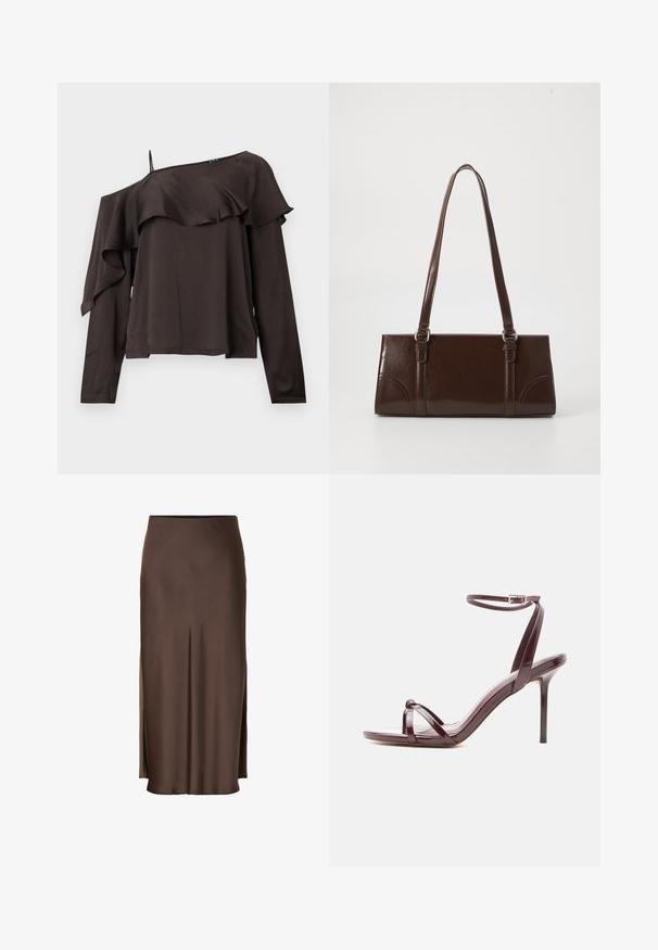 Off-the-shoulder blouse met lange mouwen in donkerbruin stof, met een rucheontwerp langs de zoom, en voorzien van een enkele dunne schouderband aan één kant.; Bruine satijnen rok met een rechte pasvorm, voorzien van zijsplitten voor een gemakkelijke bewegingsvrijheid en een gladde textuur in de stof.; Sandaal met hoge hak van bordeaux lakleer met dunne enkelriem en gekruiste teenriemen op een witte achtergrond.; Bruine lakleren handtas met een rechthoekige vorm, twee lange handvatten en subtiele gebogen accenten aan de voorkant.