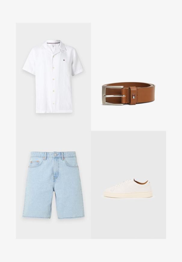 Chemise blanche à manches courtes avec col campagnard et petit logo Tommy Hilfiger sur le côté gauche de la poitrine.; Short en denim bleu clair avec poches avant, passants de ceinture, bouton en métal et fermeture éclair sur un fond blanc uni.; Baskets blanches basses avec un design à lacets, des détails de couture minimalistes, et une semelle couleur crème sur un fond gris clair.; Ceinture en cuir marron avec boucle rectangulaire argentée et petite étiquette logo rectangulaire avec un motif rouge, blanc et noir près de la boucle.