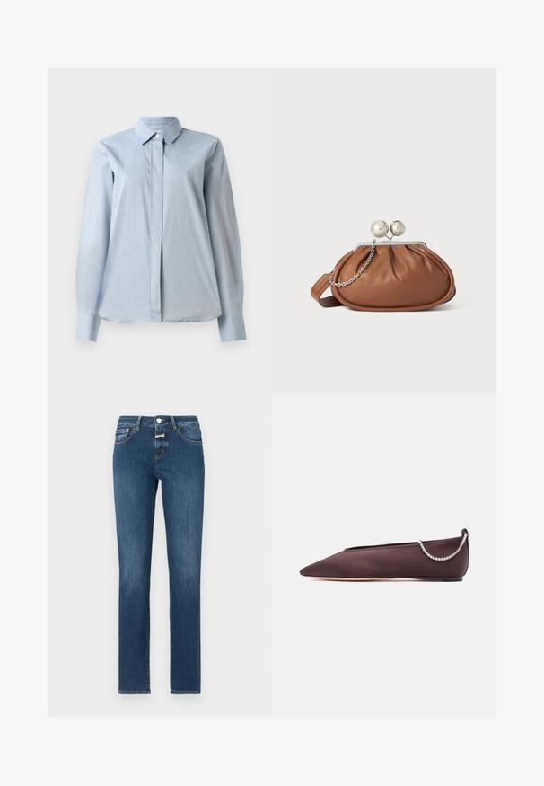 Hellblaues Hemd mit Knopfleiste, Kragen, langen Ärmeln und einer glatten Stoffoberfläche. Der Saum ist am unteren Ende leicht abgerundet.; Dunkelblaue Jeans aus Denim mit geradem Bein, klassischem Fünf-Taschen-Design und einem Reißverschluss mit Knopfverschluss. Abgenutzte Details im Stoff.; Dunkelbrauner flacher Schuh mit spitz zulaufender Spitze, niedrigem Absatz und einer silbernen Strasssteinkette auf der Rückseite.; Braune Leder-Clutch mit silbernem Kugelverschluss und einem kleinen silbernen Kettendetail auf weißem Hintergrund.