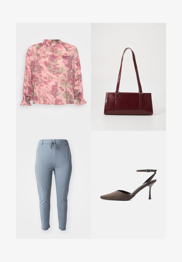 Lyserød bluse med blomsterprint i nuancer af grønt og lilla. Den har en samlet halsudskæring og flæser ved ærmerne. Letvægtsstof.; Lyseblå, strækbare bukser med en tætsiddende pasform, elastisk talje og justerbar snøre. Har sidelommer og en glat overflade.; Brun ruskindspointetrukket højhælet sko med tynd ankelrem og sølvspænde på hvid baggrund.; Bordeaux håndtaske lavet af glansfuldt materiale, rektangulær form, med to skulderremme og subtile buede detaljer på forsiden.