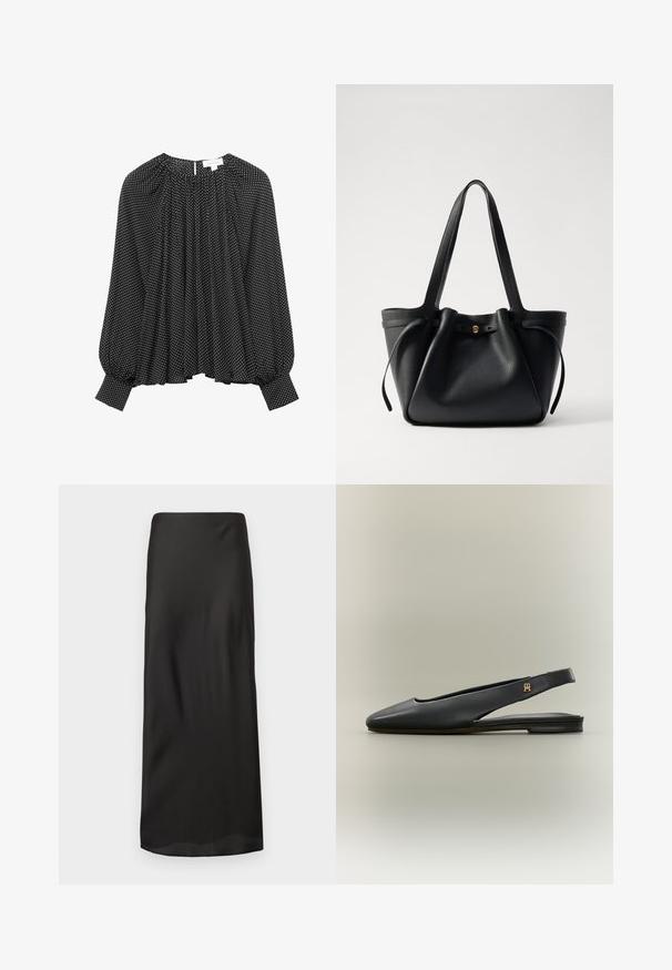 Zwarte blouse met witte polkadots, elastische manchetten, geplooide ronde halslijn en vloeiende stof met een losse pasvorm.; Zwarte maxi rok van glad, lichtgewicht stof. Heeft een rechte silhouet met een elastische tailleband en geen zichtbare patronen of versieringen.; Zwarte leren slingback platte schoen met spits toelopende neus en gouden logo-accent op het bandje, weergegeven op een neutrale achtergrond.; Zwarte lederen tote bag met twee lange hengsels, een gathered bovenkant en een gouden ronde accent. Glad textuur met een minimalistisch ontwerp.