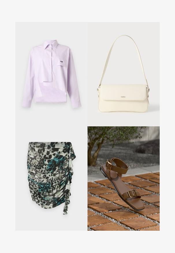 Fliederfarbenes asymmetrisches Hemd mit langen Ärmeln und Brusttasche, auf der das "Moschino"-Logo in schwarzem Text zu sehen ist.; Raffinierter, leichter Rock in Grüntönen, Schwarz und Grau mit einem Leopardenmuster und Rüschendetails an der Seite.; Braune flache Sandale mit eckiger Spitze, zwei Riemen und einem goldfarbenen Schnallenakzent. Glattes Leder auf einer strukturierten Oberfläche.; Schultertasche aus cremefarbenem Leder mit Klappverschluss, silbernen Beschlägen, einem verstellbaren Riemen und einem dezenten Logodetail.