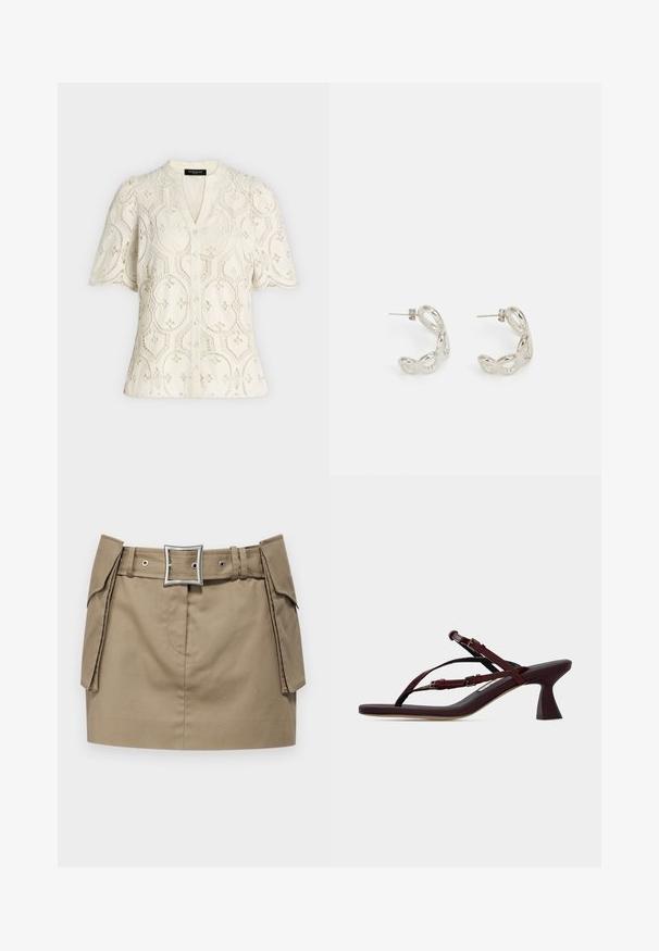 Kreemjas lühikeste varrukatega nööpidega pluus lillemustrilise eyelet-paela ja laineliste äärtega varrukatel ja servadel.; Khaki mini seelik laia vööga, millel on ruudukujuline hõbedane pandla, küljetaskud ja sile, vastupidav kangast tekstuur.; Tume punased rihmaga sandaalid kontsaga, millel on reguleeritavad pandlad ja laiendatud keskmise kõrgusega konts lamealusel.; Hõbedased rõngas kõrvarõngad keeratud, lainelise disainiga. Valmistatud läikivast metallist, millel on kinnitusega sulgur kindlaks kandmiseks. Sile tekstuur, keskmine suurus.
