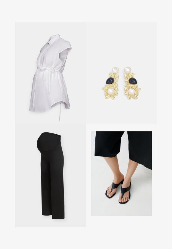 Anna Field MAMA by Zalando Chemisier - white; Pantalon de maternité noir avec une taille haute et extensible conçue pour soutenir un ventre de femme enceinte, présenté sur un fond clair uni.; Pieds portant des sandales à talons noirs à bouts carrés avec des larges brides, associés à un pantalon noir court sur un sol clair.; Boucles d'oreilles en métal doré en forme de feuille, ornées de trois pierres : une perle blanche, une pierre noire et une perle blanche plus grande, avec des feuilles texturées.
