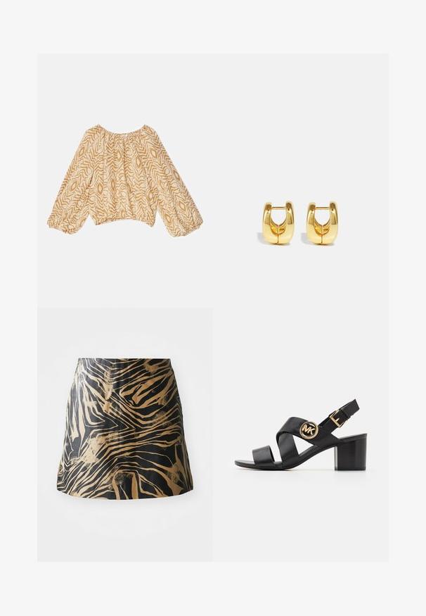 Blouse légère beige avec un motif abstrait en ondulations dans des teintes plus foncées. Dotée d'un col froncé et de manches bouffantes élastiques.; Jupe noire et dorée présentant un motif zébré, fabriquée en matériau lisse avec une coupe ajustée et un design taille haute.; Sandale en cuir noir avec des lanières croisées et un logo rond MK. Le talon carré est de hauteur moyenne, offrant à la fois stabilité et un design élégant.; Boucles d'oreilles en or avec un design élégant et arrondi. Présentent un centre creux et une surface brillante, complétant les styles modernes.