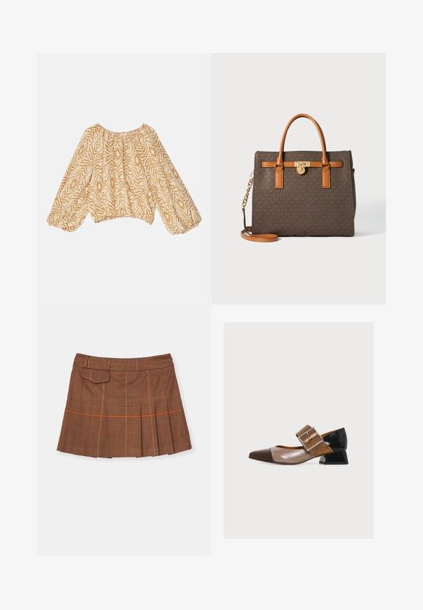 Lett, beige bluse med et abstrakt bølget mønster i mørkere nuancer. Har en sammensnøret halsudskæring og flagrende, elastiske ærmer.; Brunternetternet skørt med plisseret design, orange detaljer og en sidelomme. Fremstillet af tekstureret materiale med en tætsiddende talje.; Dame sko med lav hæl og spids tå, med brun, beige og sort laklæder og en stor firkantet spænde-rem over toppen.; Brun mønstret håndtaske med brune læderdetaljer, guldbeslag, dobbelte top-håndtag og en justerbar kæde skulderrem.